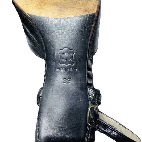 GIORGIO ARMANI BLACK KITTEN HEEL OPEN TOE T-STRAP SHOES 39 ITALY OLD MONEY - Picture 5 of 6